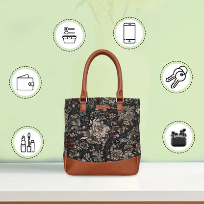 Women Vintage Tapestry Tote Bag – Vegan Leather-Trimmed Top Handle Shoulder Handbag for Daily Use, Office & Travel