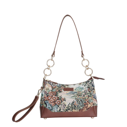 Botanical Tapestry Shoulder Bag for Women – Leather-Accented Tote Sling Purse Satchel