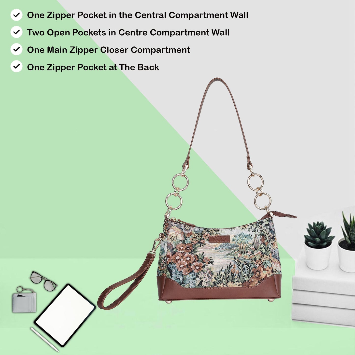 Botanical Tapestry Shoulder Bag for Women – Leather-Accented Tote Sling Purse Satchel