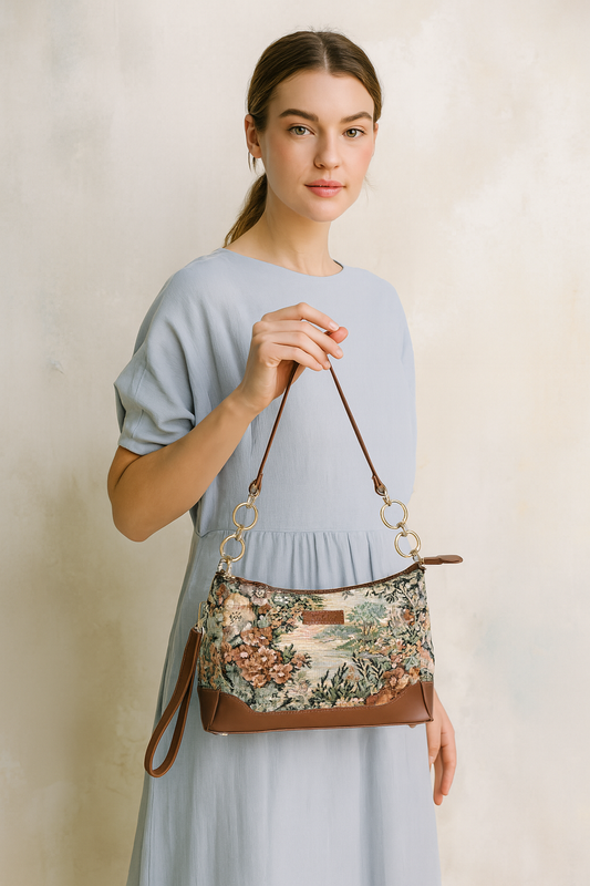 Botanical Tapestry Shoulder Bag for Women – Leather-Accented Tote Sling Purse Satchel
