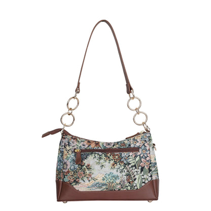 Botanical Tapestry Shoulder Bag for Women – Leather-Accented Tote Sling Purse Satchel