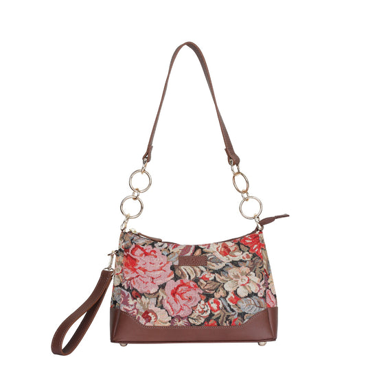 Floral Pattern Tapestry Shoulder Bag for Women – Stylish Tote Sling Satchel Purse with Leather Trim