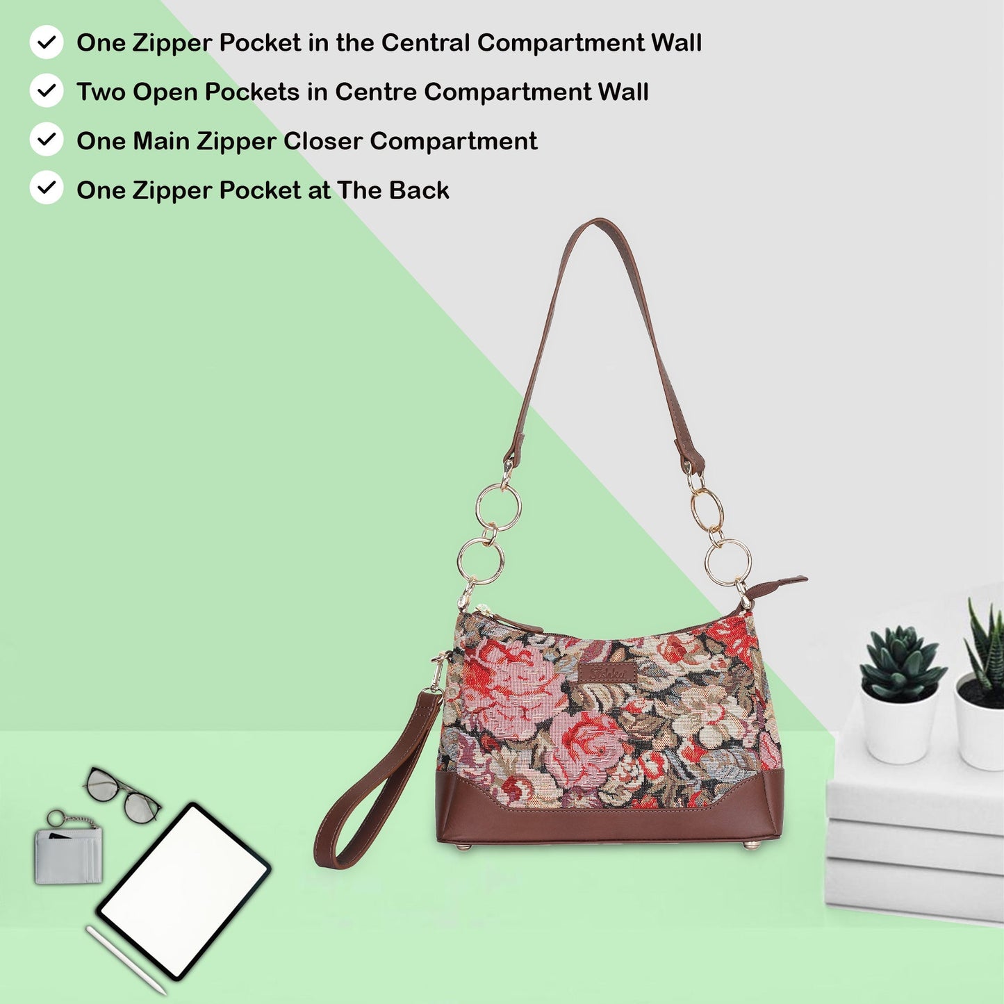 Floral Pattern Tapestry Shoulder Bag for Women – Stylish Tote Sling Satchel Purse with Leather Trim