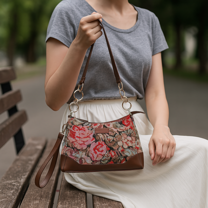 Floral Pattern Tapestry Shoulder Bag for Women – Stylish Tote Sling Satchel Purse with Leather Trim