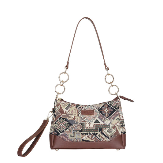 Geometric Tapestry Shoulder Bag for Women – Elegant Tote Sling Satchel Purse with Leather Handle