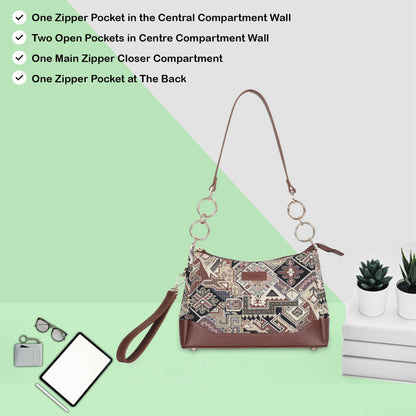 Geometric Tapestry Shoulder Bag for Women – Elegant Tote Sling Satchel Purse with Leather Handle