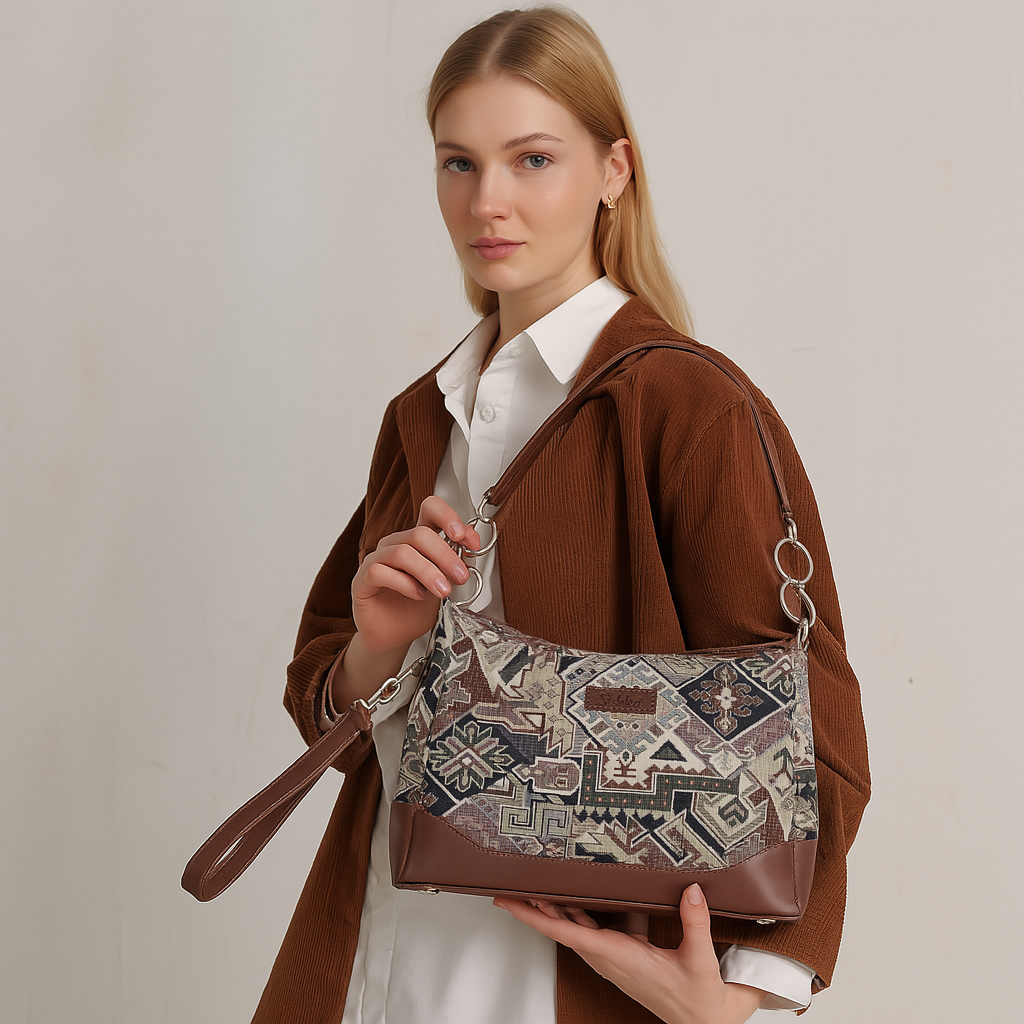 Geometric Tapestry Shoulder Bag for Women – Elegant Tote Sling Satchel Purse with Leather Handle