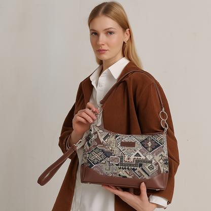 Geometric Tapestry Shoulder Bag for Women – Elegant Tote Sling Satchel Purse with Leather Handle