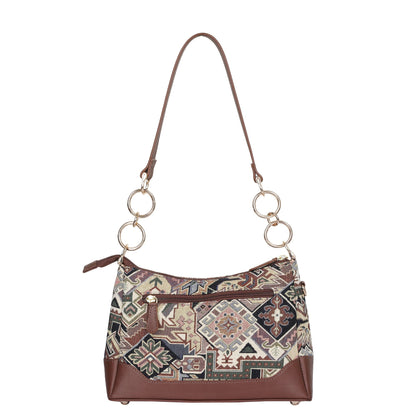 Geometric Tapestry Shoulder Bag for Women – Elegant Tote Sling Satchel Purse with Leather Handle