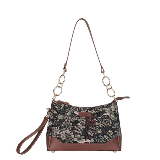 Women’s Vintage Tapestry Shoulder Bag – Leather-Trimmed Tote Sling Satchel Purse