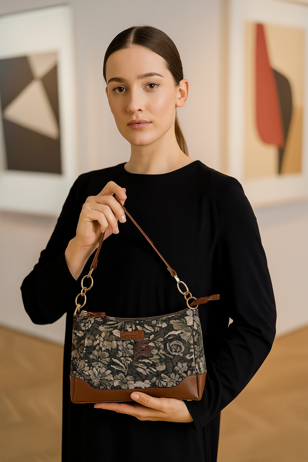 Women’s Vintage Tapestry Shoulder Bag – Leather-Trimmed Tote Sling Satchel Purse