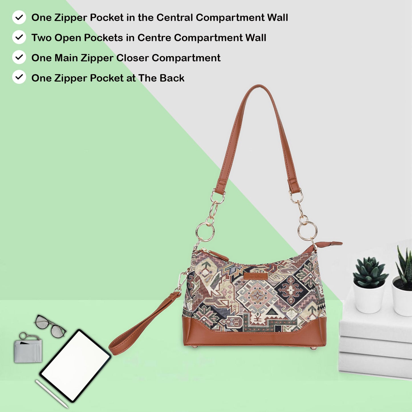 Geometric Tapestry Shoulder Bag for Women – Elegant Tote Sling Satchel Purse with Vegan Leather Handle