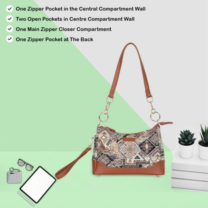 Geometric Tapestry Shoulder Bag for Women – Elegant Tote Sling Satchel Purse with Vegan Leather Handle