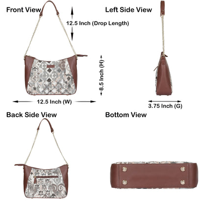 Women's Abstract Design Tapestry Hobo Bag | Genuine Leather-Trimmed Shoulder & Satchel bag with Chain Strap