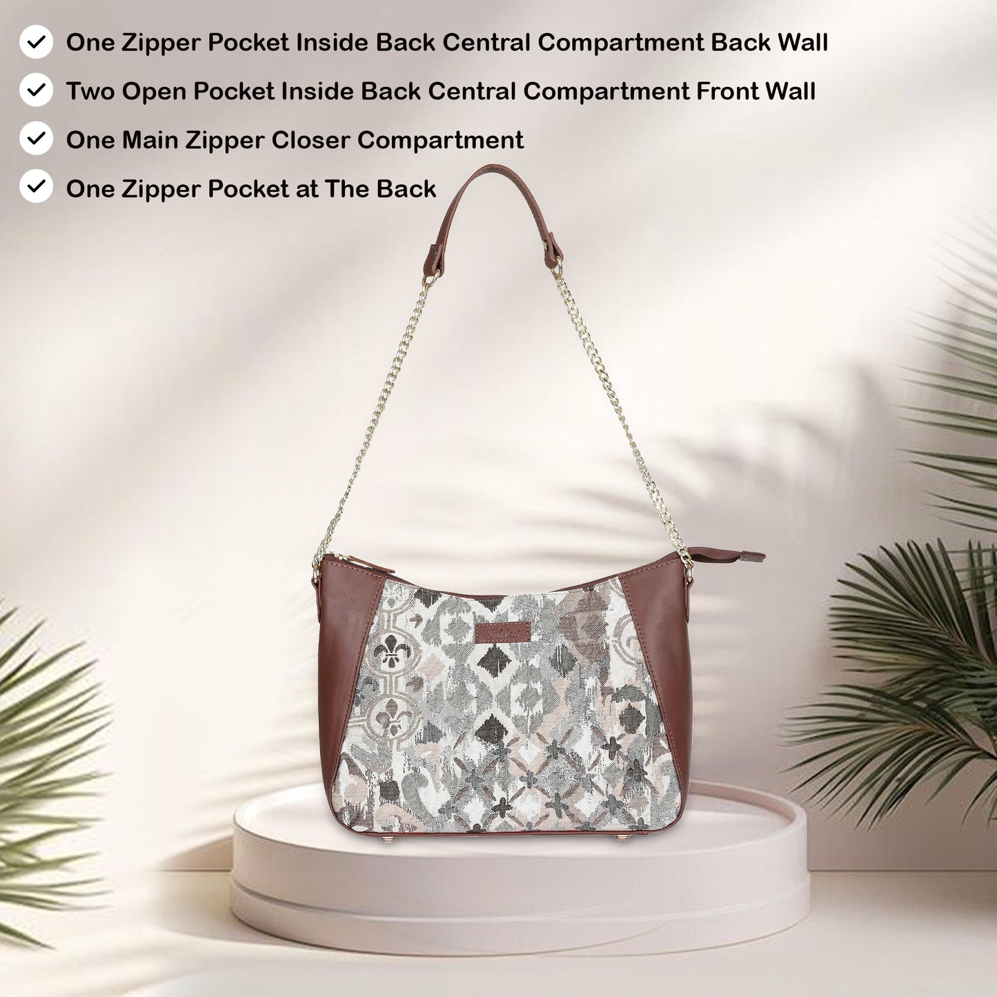 Women's Abstract Design Tapestry Hobo Bag | Genuine Leather-Trimmed Shoulder & Satchel bag with Chain Strap