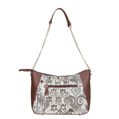 Women's Abstract Design Tapestry Hobo Bag | Genuine Leather-Trimmed Shoulder & Satchel bag with Chain Strap