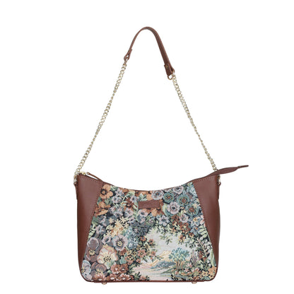 Women's botanical tapestry hobo sling bag with genuine leather trim for shopping, travel, commuting, and everyday use