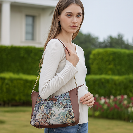 Women's Botanical Design Tapestry Hobo Bag | Shoulder & Satchel Purse with Leather Trim, Chain Strap for Travel & Casual Use