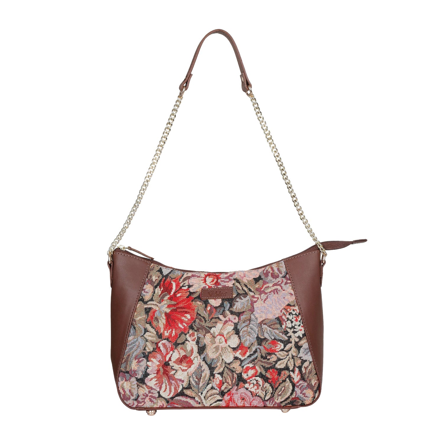 Women's floral tapestry hobo sling bag with genuine leather trim for shopping, travel, commuting, work, and everyday use