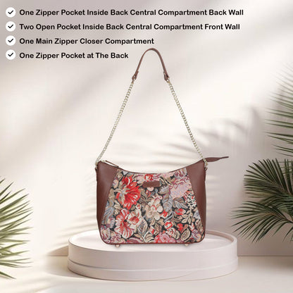 Women's Tapestry Hobo Bag in Floral Pattern | Genuine Leather-Trimmed Shoulder Bag & Satchel Purse for Everyday Essentials