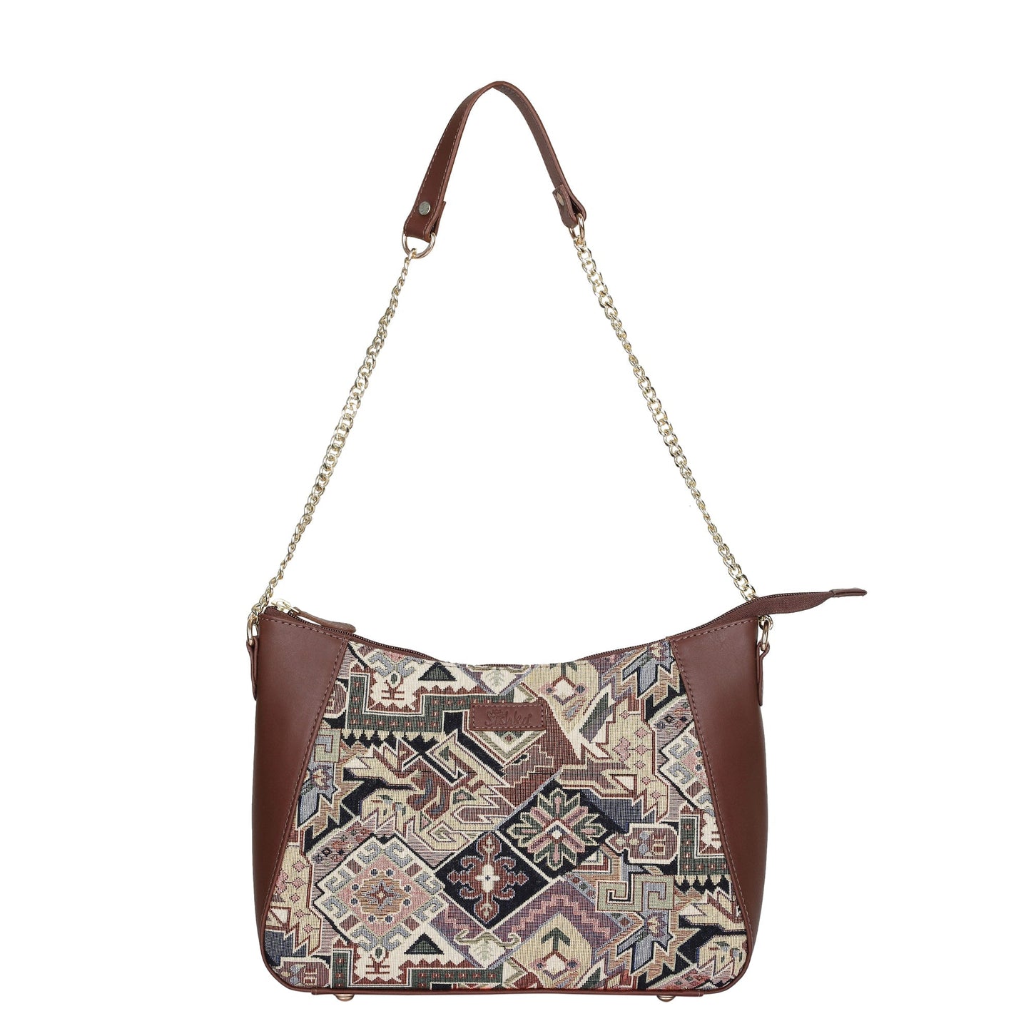 Women's geometric tapestry hobo sling bag with genuine leather trim for shopping, commuting, travel, work, and everyday use