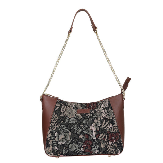 Women's Hobo Bag in Vintage Pattern Tapestry Fabric | Leather-Trimmed Shoulder & Sling Purse with Chain and Leather Strap for Daily Use