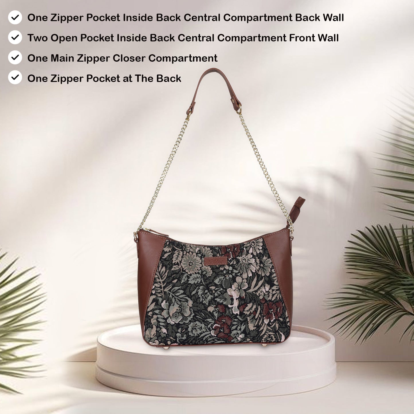 Women's Hobo Bag in Vintage Pattern Tapestry Fabric | Genuine Leather-Trimmed Shoulder & Sling Purse with Chain and Leather Strap