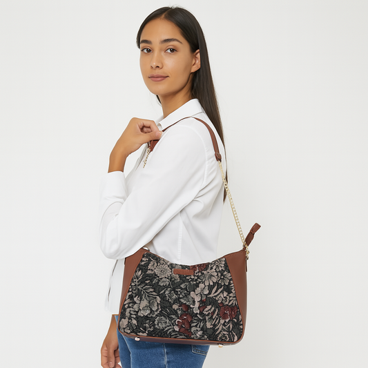 Women's Hobo Bag in Vintage Pattern Tapestry Fabric | Leather-Trimmed Shoulder & Sling Purse with Chain and Leather Strap for Daily Use