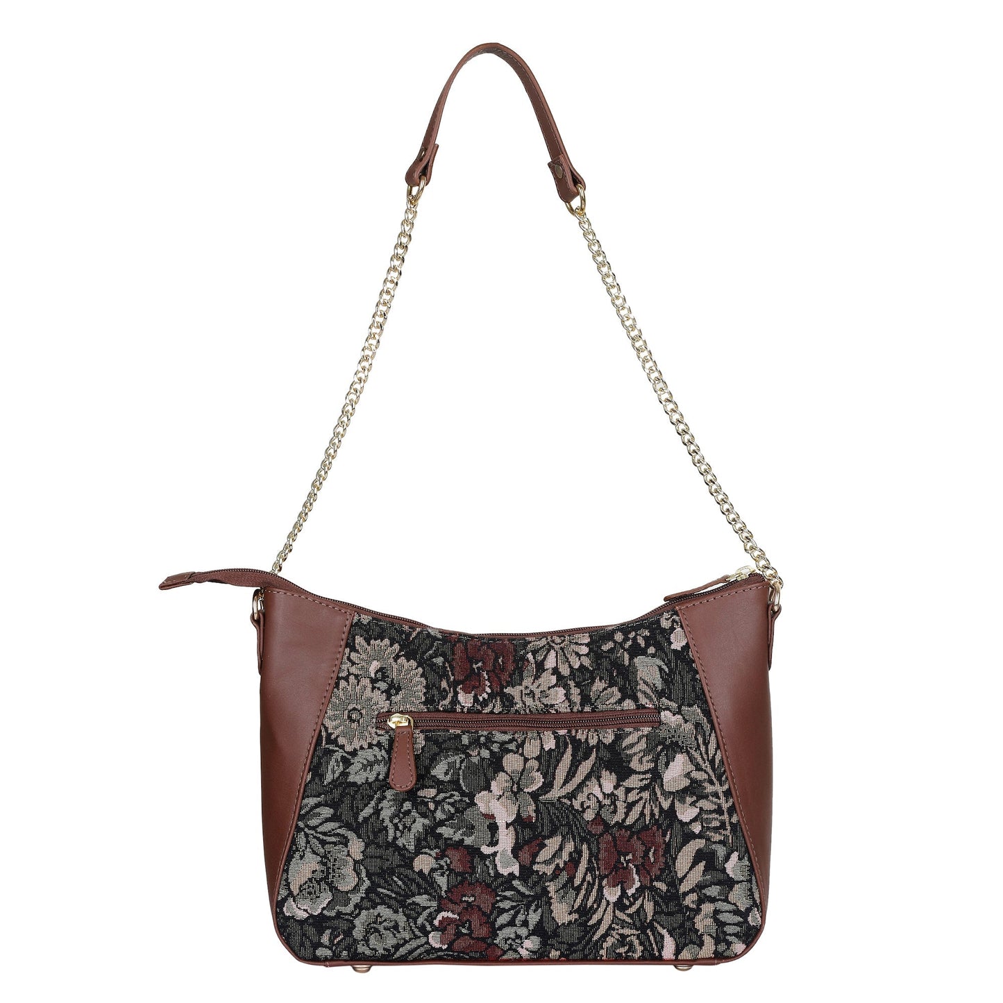 Women's Hobo Bag in Vintage Pattern Tapestry Fabric | Genuine Leather-Trimmed Shoulder & Sling Purse with Chain and Leather Strap