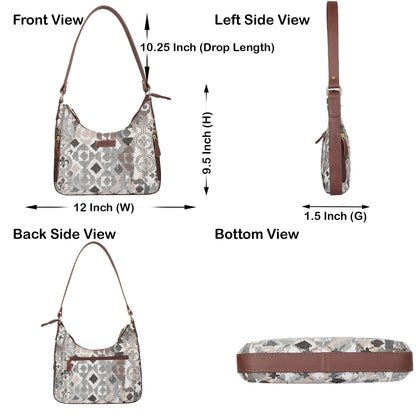 Abstract Pattern Tapestry Hobo Bag For Women| Elegant Leather Shoulder & Satchel Purse with Leather Strap for Work & Travel