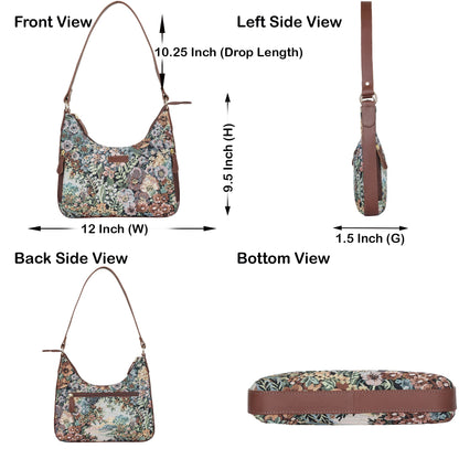 Botanical Design Tapestry  Fabric Hobo Bag For Women | Shoulder & Satchel Purse with Leather Trim and  Strap for Travel & Casual Use