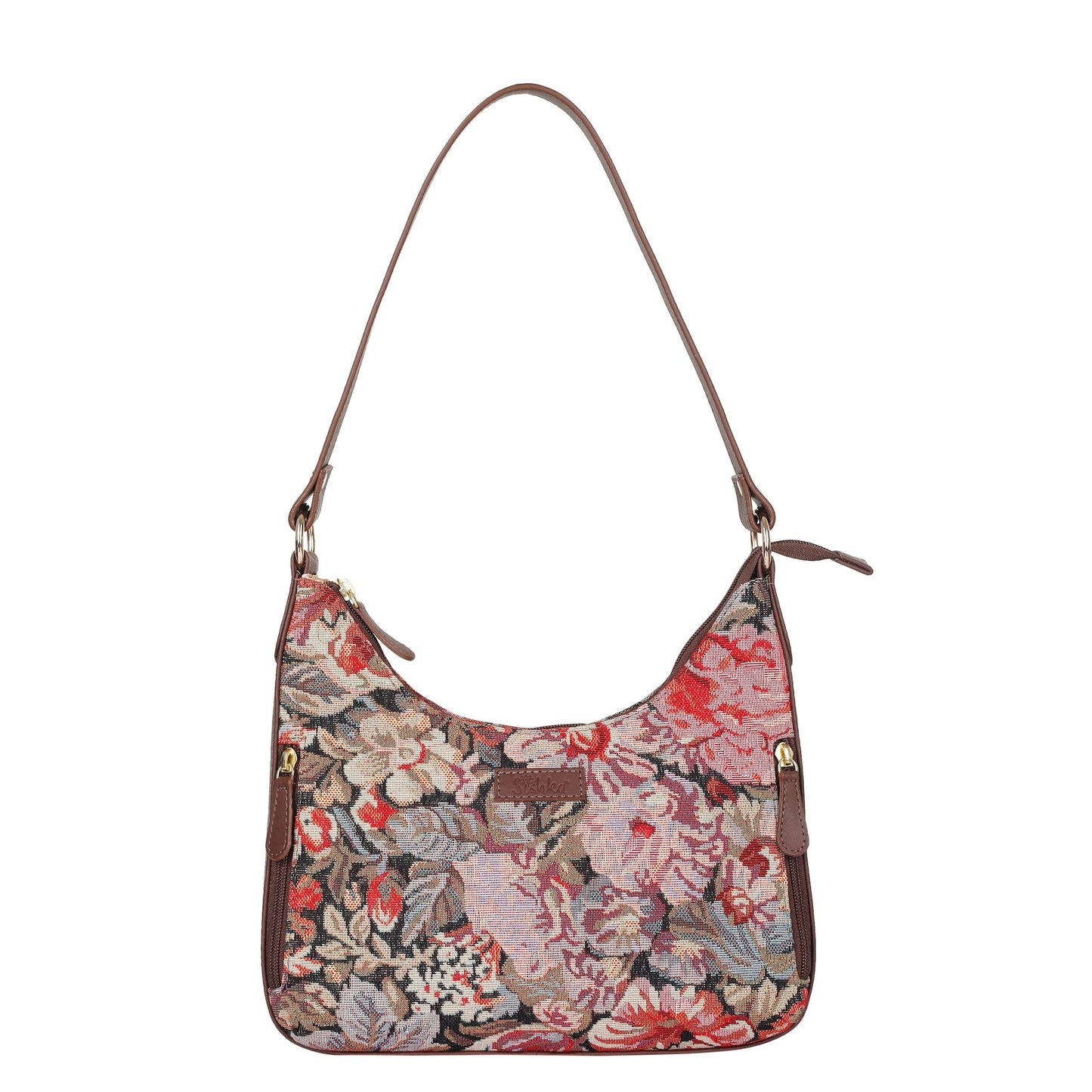 Ladies Hobo Bag in Floral Design Tapestry Fabric | Leather-Trimmed Shoulder Satchel with Leather Strap for Everyday Use