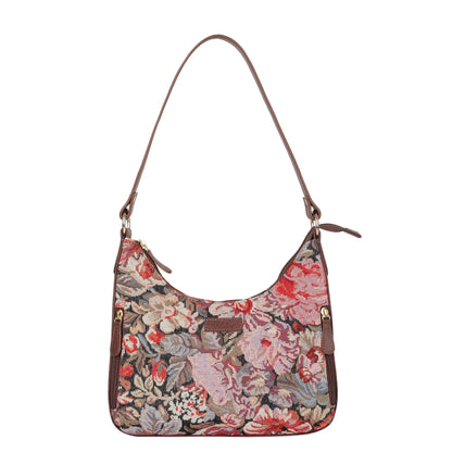Ladies Hobo Bag in Floral Design Tapestry Fabric | Leather-Trimmed Shoulder Satchel with Leather Strap for Everyday Use