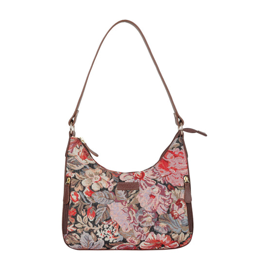 Ladies Hobo Bag in Floral Design Tapestry Fabric | Leather-Trimmed Shoulder Satchel with Leather Strap for Everyday Use