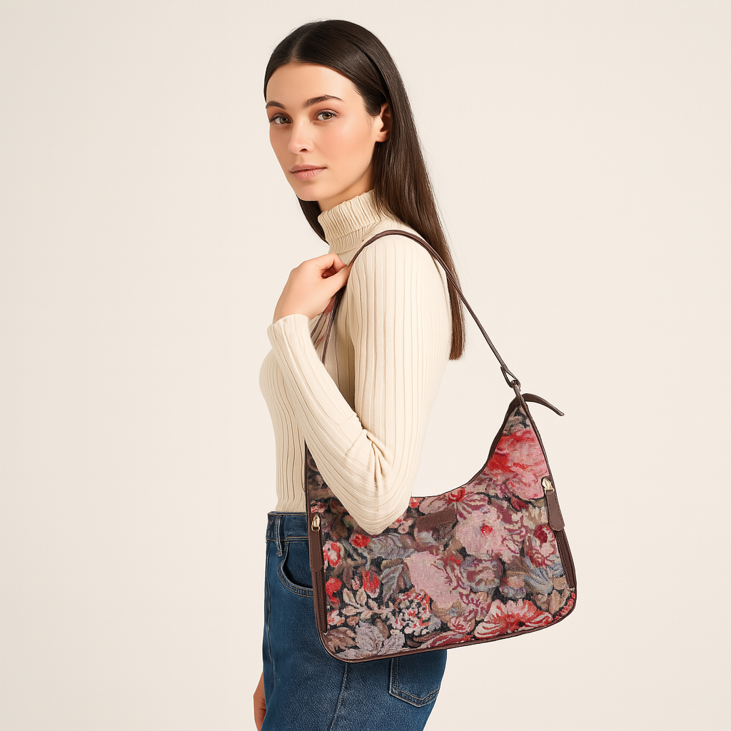 Ladies Hobo Bag in Floral Design Tapestry Fabric | Leather-Trimmed Shoulder Satchel with Leather Strap for Everyday Use