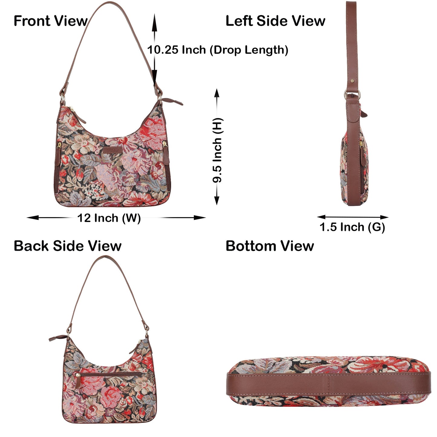 Ladies Hobo Bag in Floral Design Tapestry Fabric | Leather-Trimmed Shoulder Satchel with Leather Strap for Everyday Use