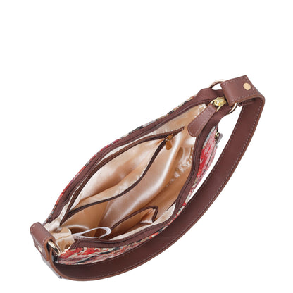 Ladies Hobo Bag in Floral Design Tapestry Fabric | Leather-Trimmed Shoulder Satchel with Leather Strap for Everyday Use