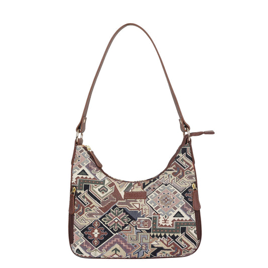 Geometric Pattern Tapestry Hobo Bag For Ladies| Stylish Leather-Trimmed Shoulder & Satchel Bag with Leather Strap for Office & Outings