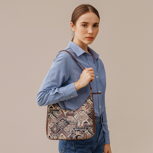 Geometric Pattern Tapestry Hobo Bag For Ladies| Stylish Leather-Trimmed Shoulder & Satchel Bag with Leather Strap for Office & Outings
