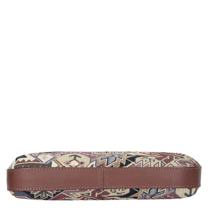 Geometric Pattern Tapestry Hobo Bag For Ladies| Stylish Leather-Trimmed Shoulder & Satchel Bag with Leather Strap for Office & Outings