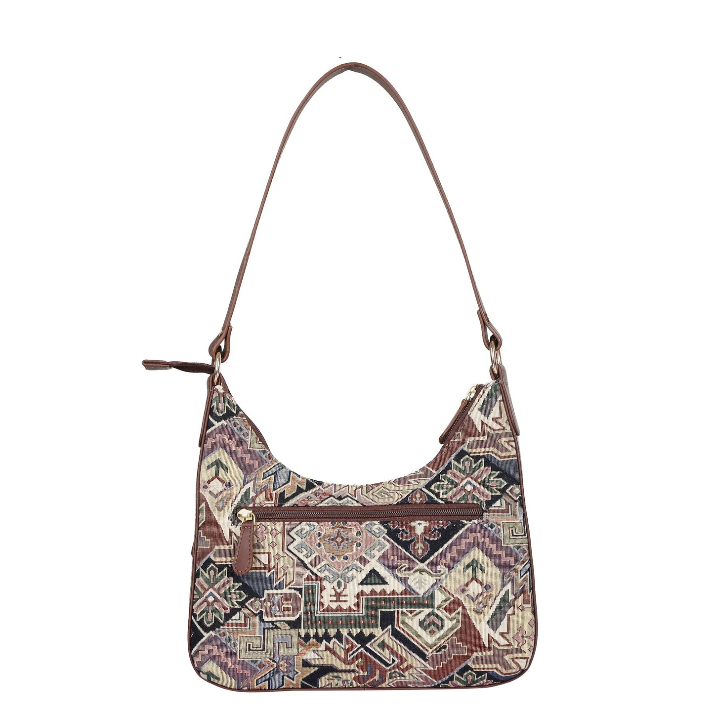 Geometric Pattern Tapestry Hobo Bag For Ladies| Stylish Leather-Trimmed Shoulder & Satchel Bag with Leather Strap for Office & Outings