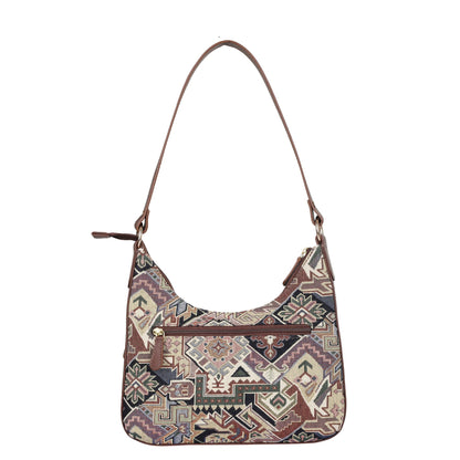 Geometric Pattern Tapestry Hobo Bag For Ladies| Stylish Leather-Trimmed Shoulder & Satchel Bag with Leather Strap for Office & Outings