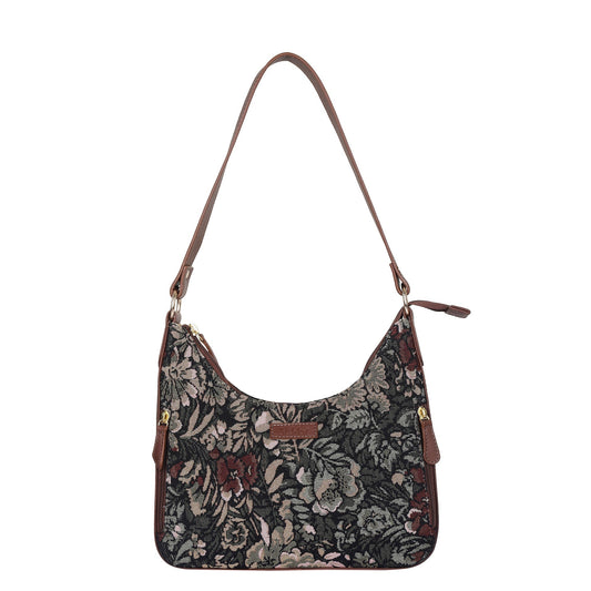 Women's Hobo Bag in Tapestry Vintage Pattern Fabric | Leather-Trimmed Shoulder & Sling Purse with Leather Strap for Daily Use
