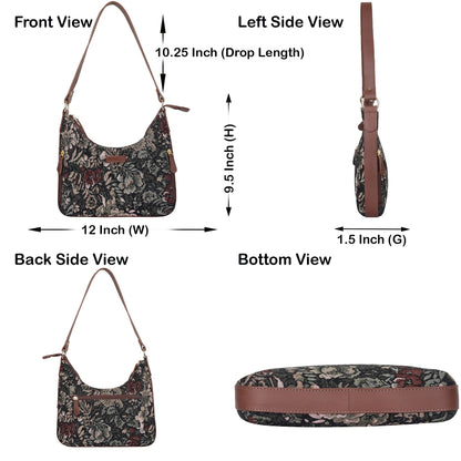 Women's Hobo Bag in Tapestry Vintage Pattern Fabric | Leather-Trimmed Shoulder & Sling Purse with Leather Strap for Daily Use