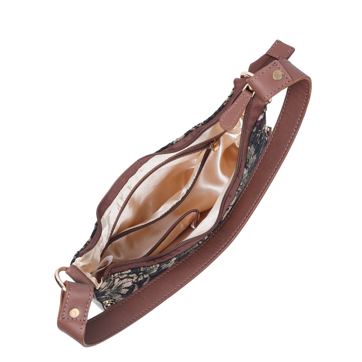 Women's Hobo Bag in Tapestry Vintage Pattern Fabric | Leather-Trimmed Shoulder & Sling Purse with Leather Strap for Daily Use