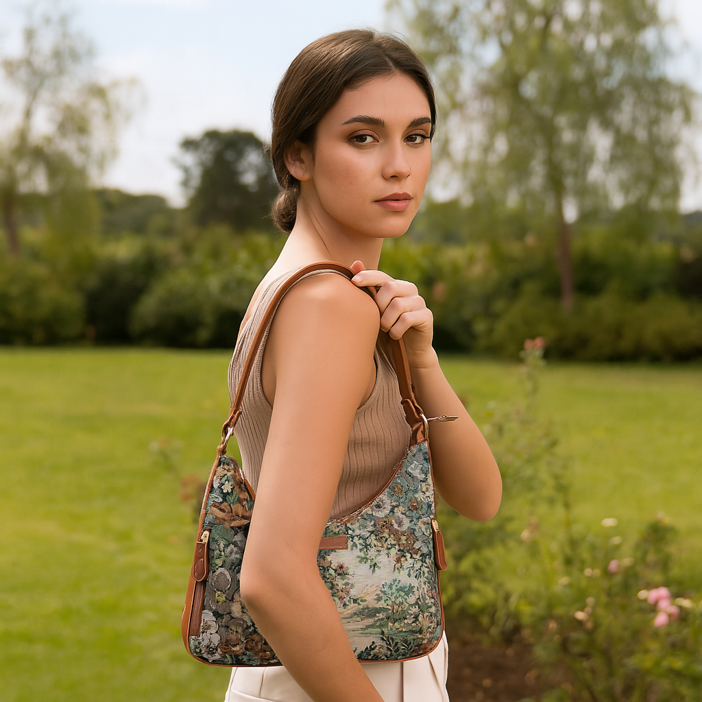Botanical Design Tapestry Fabric Hobo Bag For Women | Shoulder & Satchel Purse with Vegan leather Trim and Strap for Travel & Casual Use