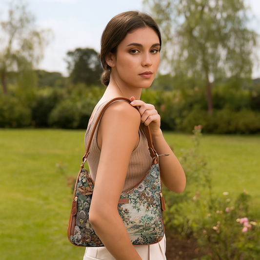 Women’s Botanical Pattern Hobo Shoulder Tote – Elegant Tapestry Fabric Sling Bag with Vegan Leather Trim & Top Handle