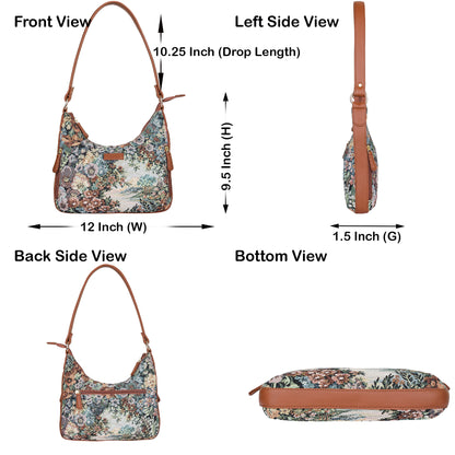 Botanical Design Tapestry Fabric Hobo Bag For Women | Shoulder & Satchel Purse with Vegan leather Trim and Strap for Travel & Casual Use