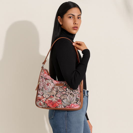 Ladies’ Floral Design Tapestry Hobo Purse – Vegan Leather-Trimmed Satchel Shoulder Bag for Everyday Style