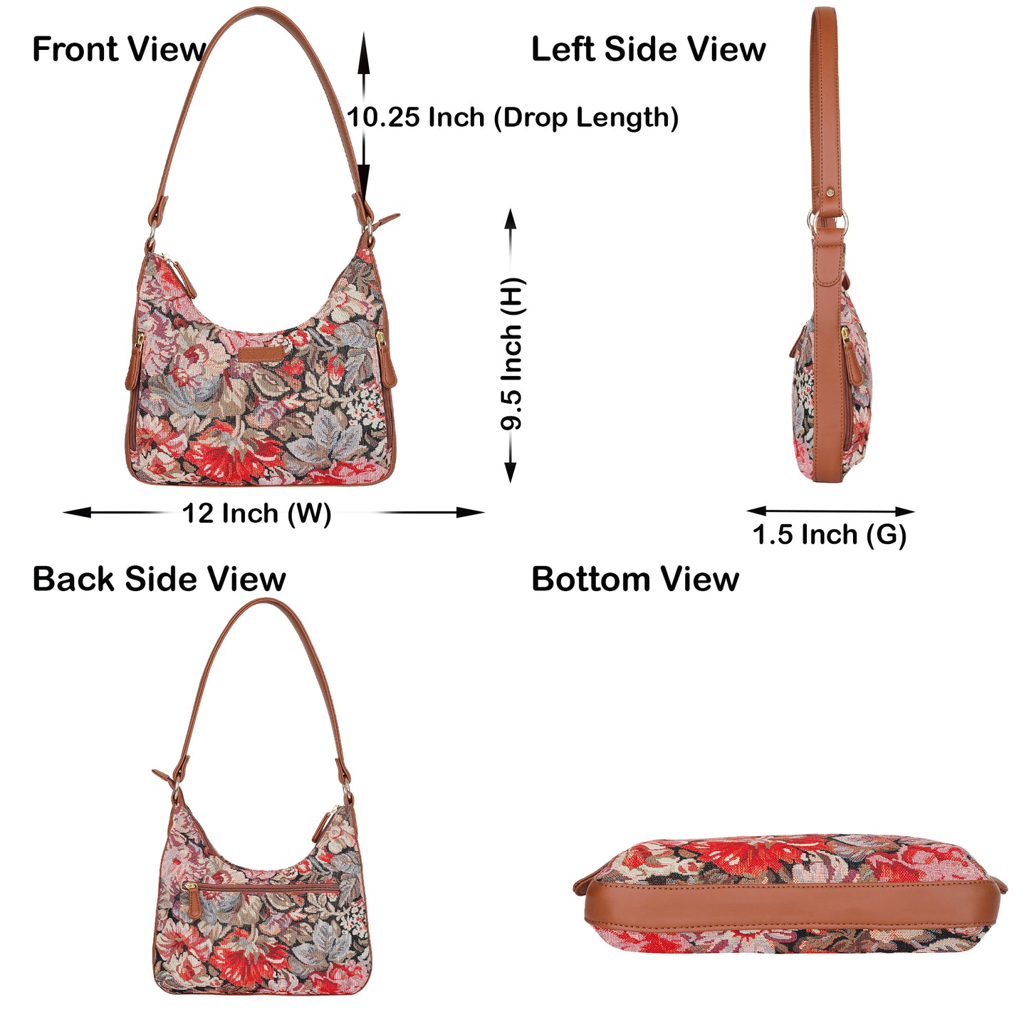 Ladies Hobo Bag in Floral Design Tapestry Fabric | Trimmed Shoulder Satchel Bag with vegan leather Strap for Everyday Use